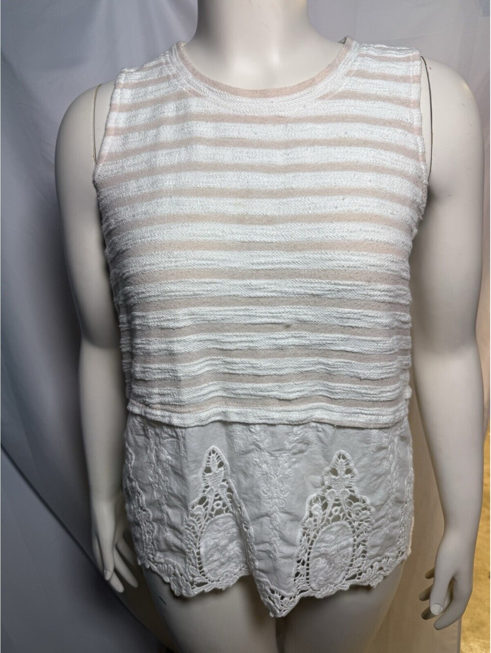 Blu Pepper Sleevless Pink Stripe Knit Lace Hem Top Boho Romantic Medium